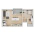 Modern 1-bedroom apartment floor plan with open-concept living room, stylish kitchen island, and contemporary bathroom.