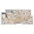 Elegant 3D floor plan displaying a modern apartment layout with four bedrooms, open-concept living and dining area, and a stylish kitchen.