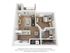 Modern 3D floor plan showcasing a cozy 1-bedroom apartment with an open living room, chic kitchen, and private balcony.