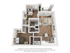 Modern 3D floor plan featuring 2 bedrooms, 2 bathrooms, open-concept living and dining area, and a stylish kitchen with balcony access.