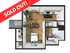 Chic 3D floor plan showcasing a modern studio apartment with a cozy living area, sleek kitchen, and stylish bathroom, plus a private balcony.