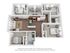 Modern 3D apartment floor plan showcasing 3 bedrooms, 2 bathrooms, an open-style living room with hardwood floors, and a contemporary kitchen with an island and bar seating.