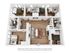 Modern 3D floor plan showcasing a spacious apartment with 3 bedrooms, a cozy open living area, and a well-equipped kitchen, featuring elegant wood flooring throughout.