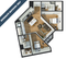 Modern 3D floor plan showcasing a roommate-friendly layout with two cozy bedrooms, a stylish open kitchen, and a welcoming living area.