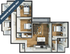 Contemporary 3-bedroom apartment floor plan with open-concept living and dining area, sleek kitchen, and two modern bathrooms.