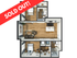 Contemporary apartment floor plan with two bedrooms, open kitchen, cozy living room, and chic bathroom, highlighted as sold out.