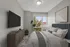Modern bedroom featuring a comfortable bed, stylish decor, and a large window with natural light.