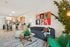 Modern open-concept living space featuring a sleek kitchen with bar seating, stylish sofa, vibrant artwork, and lush greenery.