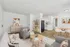 Contemporary open-plan living area with stylish gray sofas, geometric patterns, modern kitchen, and chic dining space, perfect for a cozy lifestyle.