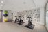 Modern fitness room featuring stylish stationary bikes, vibrant exercise balls, and artistic bicycle-themed wall decor.