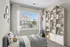 Charming kids' bedroom featuring a cozy bed with playful bedding, a whimsical chalkboard corner, and stylish shelving filled with books and toys, bathed in natural light from a large window.