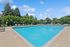 Inviting outdoor swimming pool surrounded by lush greenery and comfortable lounge chairs under a bright blue sky.