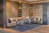 Modern lounge area with elegant grey chairs, plush seating, and sleek round tables set against a stylish wooden partition.