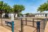 Charming apartment complex with modern buildings and a fenced dog park, surrounded by lush trees and a bright blue sky.
