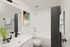 Chic and modern bathroom with elegant white counter, sleek black fixtures, and a vibrant art piece, creating a fresh and stylish oasis.