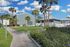 Inviting apartment complex with lush greenery and vibrant palm trees under a bright blue sky, featuring a sign for the leasing office on a manicured lawn.