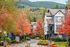 Charming residential community surrounded by vibrant autumn foliage and scenic mountain views.