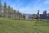 Charming fenced dog park with agility equipment and benches surrounded by lush greenery and a scenic church backdrop.