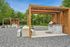 Inviting outdoor space with modern pergola, stylish grill station, and sleek concrete seating set against lush greenery.