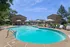 Inviting outdoor pool area with sun loungers and umbrellas, surrounded by lush greenery and modern apartments under a clear blue sky.