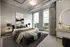 Sophisticated bedroom with modern industrial design, featuring floor-to-ceiling windows and elegant decor, offering stunning cityscape views.