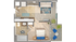 Chic 1-bedroom apartment floor plan with spacious living area, modern kitchen, stylish bathroom, and cozy balcony.