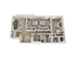 Detailed 3D floor plan of an apartment featuring three bedrooms, a living room, and a modern kitchen.