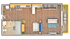 Charming 1-bedroom apartment floor plan with open kitchen and cozy living area, featuring a spacious bathroom and private balcony.