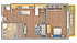Modern 1-bedroom apartment floor plan with spacious living area, open kitchen, and a private balcony featuring outdoor seating.