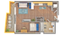 Contemporary floor plan showcasing an inviting one-bedroom layout with open living area, stylish kitchen, modern bathroom, and charming balcony.