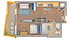 Modern floor plan featuring a spacious 1-bedroom layout, open living area, well-appointed kitchen, elegant bathroom, and a charming patio space perfect for relaxing.