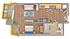 Charming floor plan showcasing a cozy 1-bedroom apartment, open living area, modern kitchen, spacious bathroom, and a delightful balcony.