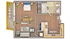 Inviting floor plan showcasing a cozy bedroom, modern kitchen, and stylish living area with a charming outdoor balcony.