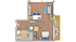 Charming open-concept floor plan showcasing a modern living area, stylish kitchen with island, cozy bedroom, and inviting outdoor patio.
