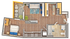 Modern 3D floor plan showcasing a chic 1-bedroom apartment with open-concept living area, sleek kitchen, stylish bathroom, and private balcony.