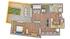 Charming floor plan with one bedroom, modern kitchen, inviting living area, and a cozy outdoor patio with greenery.