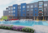 Modern apartment complex with a vibrant facade overlooking a luxurious pool area, surrounded by lush landscaping and stylish lounge seating.