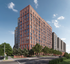 Modern high-rise apartment building with sleek red brick facade, lush landscaping, and a welcoming entrance sign reading 'HUB'.