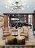Contemporary lounge area with plush leather chairs, artistic lighting, and a stylish open-concept design.