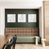 Chic dining nook with plaid upholstered bench, minimalist horse artwork, and sleek wooden flooring.