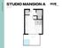 Modern Studio Mansion A floor plan showcasing a 417 sq ft layout with open living area, compact kitchen, and private bathroom in Hub Lexington.