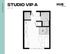 Modern Studio VIP A floor plan at HUB Lexington, 417 sq ft with open living space, cozy bed area, efficient kitchen, and sleek bathroom design.