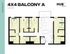 Contemporary 4X4 balcony floor plan showcasing 4 bedrooms, spacious living area, and modern kitchen at Hub Lexington, 1238 SF.