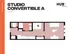 Stylish studio convertible floor plan at Hub Knoxville, 512 sq ft, featuring an open layout with a modern kitchen and living area.