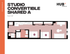 Chic studio convertible floor plan with shared living space at Hub Knoxville, 542 sq ft featuring two sleeping areas, modern kitchen, and inviting living area.