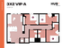 Modern floor plan labeled '3X2 VIP A', highlighting three bedrooms, open kitchen with bar seating, and two bathrooms in 1008 sq ft of stylish living space.