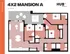 4x2 Mansion A floor plan in Hub Knoxville, featuring four spacious bedrooms, modern kitchen, open dining area, and private hot tub, covering 1278 square feet.