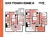 Modern 5x5 Town Home A floor plan with 2340 sq ft, featuring five bedrooms, multiple bathrooms, a spacious kitchen, vibrant living area, and a hot tub on the patio in Hub Knoxville.