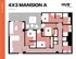 Dynamic 4X3 Mansion A floor plan showcasing spacious 4 bedrooms, modern kitchen, ample living space, and a luxurious outdoor hot tub area.