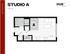 Compact Studio A floor plan featuring an efficient kitchen, cozy living space, and a comfortable sleeping area in 360 square feet, perfect for modern urban living.
